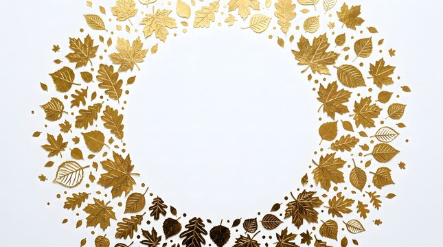 Circular frame of golden autumn leaves isolated on white background