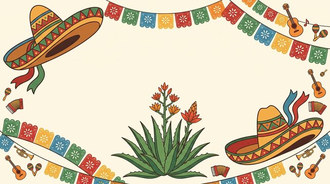 Mexican fiesta border frame design with sombrero hat agave plant paper garlands and musical instruments