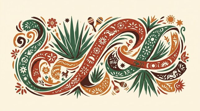 Ornamental Mexican floral wave pattern with agave cactus leaves and swirl decorative folk art illustration design