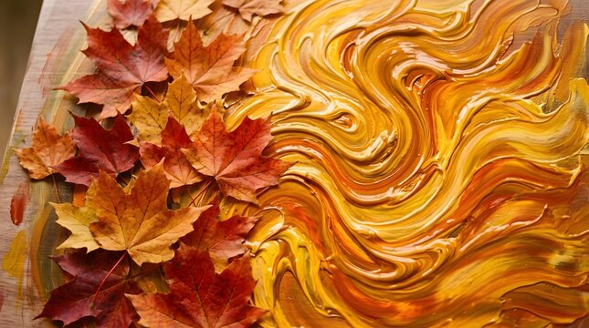 Autumn maple leaves next to abstract swirling oil paint texture