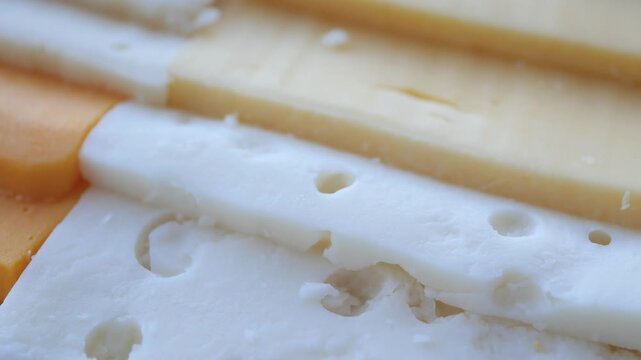 Sliced cheese varieties in close-up showcasing texture and holes in culinary footage