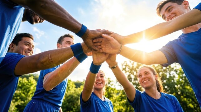 Diverse Sports Team Huddling Together with Hands in the Middle Under Bright Sunlight, Symbolizing Unity and Teamwork.
