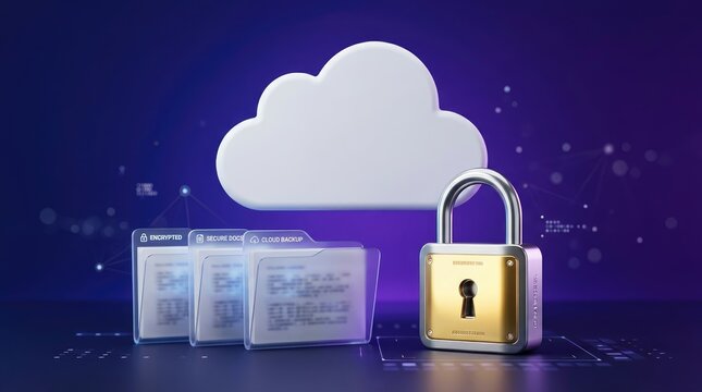 Digital cloud computing security concept with a golden padlock protecting sensitive files inside a dark background