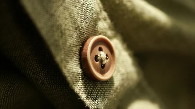 Close-up slow motion shot of a brown button with four holes sewn with white thread onto a textured green fabric