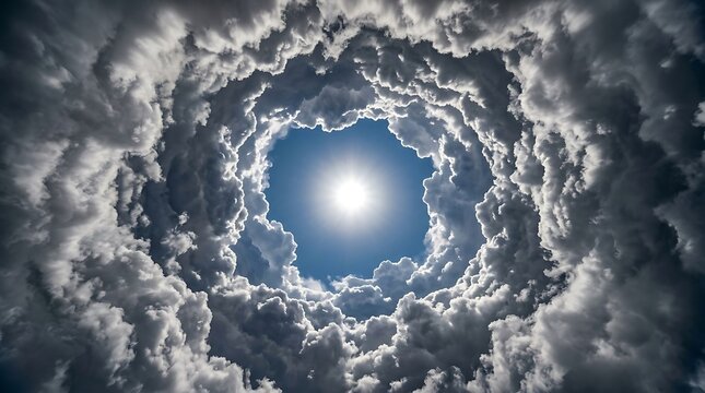 Dramatic upward view through a perfect circular opening in dense dark grey storm clouds, bright white sun glowing intensely in the center of the hole, volumetric god rays and light beams pouring throu