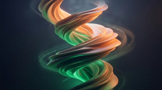 Flowing DNA helix made of glowing silk ribbons, green and peach light, dark background, ethereal
