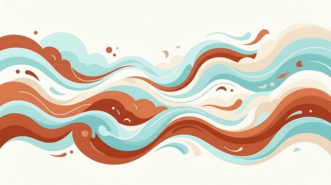 Abstract flowing wave pattern made of smooth, organic curves in alternating shades of turquoise, teal, cyan and warm terracotta, rust orange and burnt sienna, soft liquid paint texture with small scat