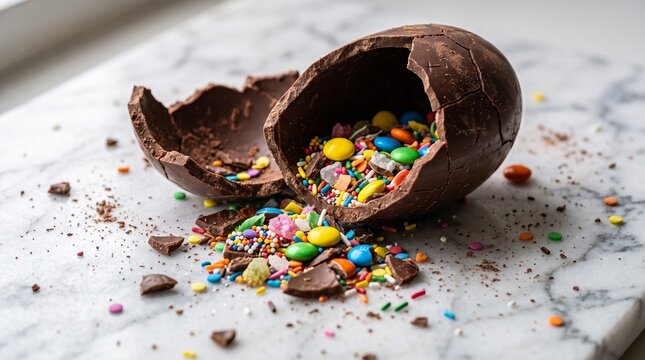 Broken Chocolate Easter Egg Filled With Colorful Candies And Sprinkles On Marble Surface