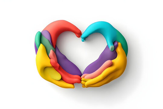 Vibrant sculpted hands intertwining to create a beautiful heart, representing global unity, diverse communities, and the power of human connection and care on a white background
