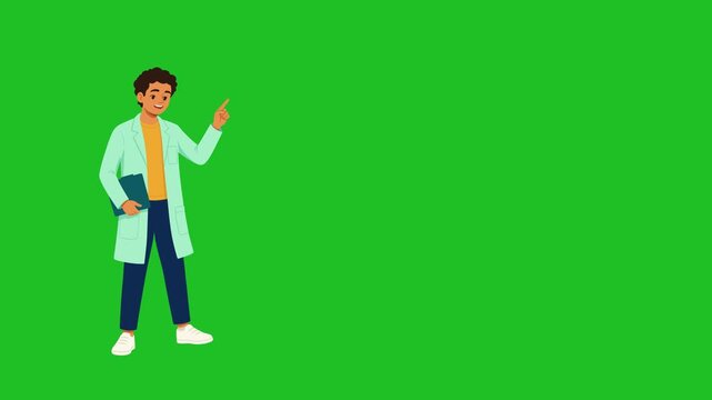 Animated male doctor pointing up on green screen background. 4K Video