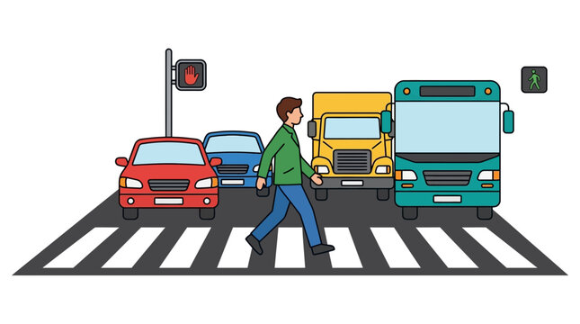 Cartoon Illustration of Pedestrian Crossing Street in Heavy Traffic