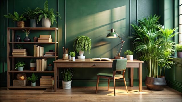 Elegant desk setup with books and greenery beside dark green wall