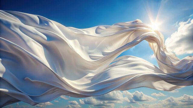 Light white fabric flutters in the wind against the blue skybackground