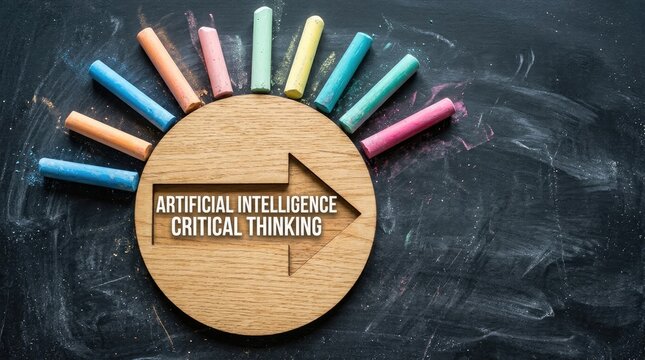 Wooden arrow showing artificial intelligence and critical thinking text arranged on a rustic dark chalkboard background