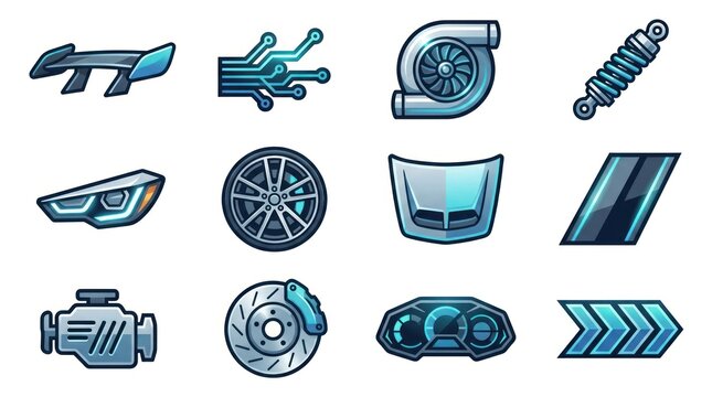 Automotive performance parts and mechanical component icons.