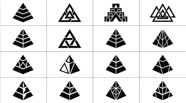 Black geometric pyramid and triangle symbol collection.