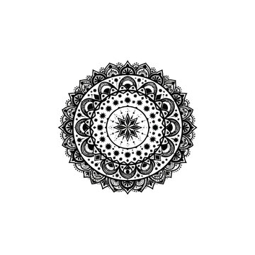 Intricate black and white circular mandala pattern with geometric star and floral