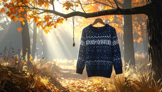 Cozy blue and white fair isle sweater hanging on a tree branch in a sunlit autumn forest