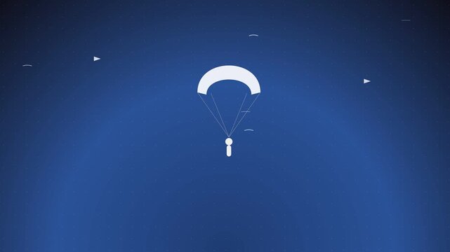 Minimalist flat design animation of a person parachuting on a blue background. Conceptual motion graphics for business landing page, crypto airdrop, safe delivery, or success.