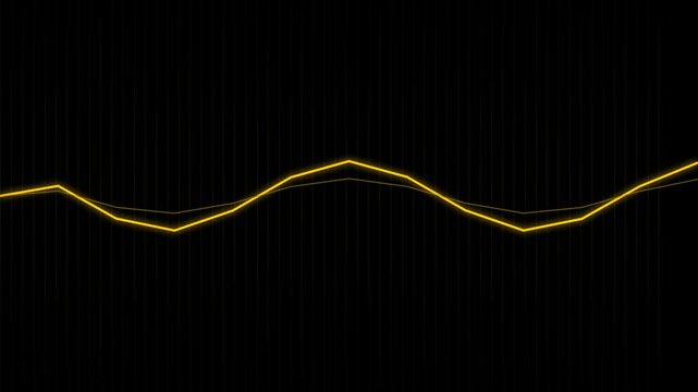 Glowing yellow line graph animation on black background. Dynamic data visualization, financial market chart, or futuristic audio waveform concept.