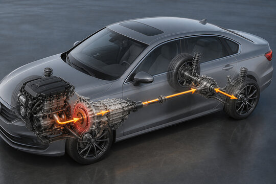 Automotive drivetrain power flow through sedan chassis