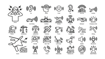 Fototapeta premium Collection of icons representing various sources of noise pollution and sounds
