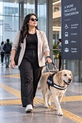 Fototapeta premium Visually impaired woman walking independently with a guide dog in a modern public building,woman with dog