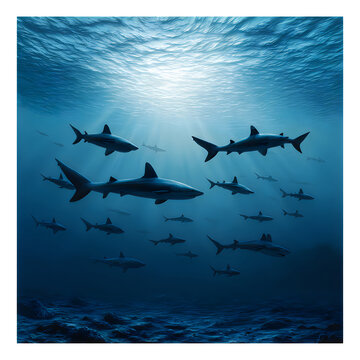 Group of sharks swimming in deep blue ocean water with ocean life