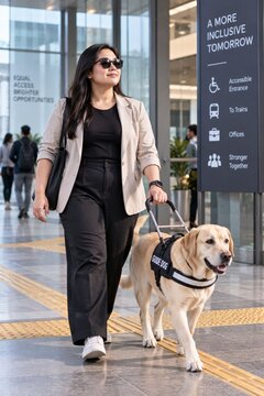 Visually impaired woman walking independently with a guide dog in a modern public building,woman with dog