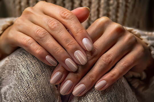 Eine Frau hat ihre H&auml;nde auf ihrem Scho&szlig; und wundersch&ouml;nen Nagellack auf ihren Fingern&auml;geln
