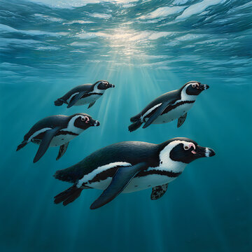 Group of african penguins swimming underwater in the deep blue sea with sea life