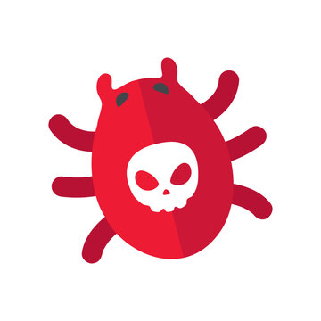Vibrant red cartoon malware bug with white skull icon symbolizing digital threat or cyber attack