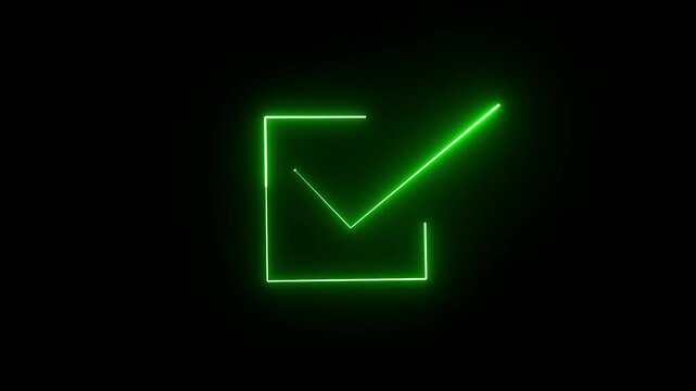 green Glowing neon light tick mark icon animation neon check mark button and circle neon success on black background