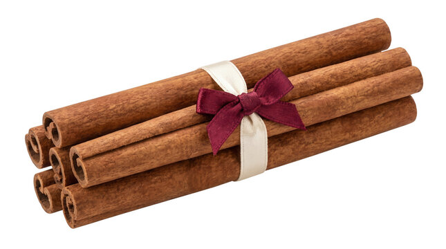 A bundle of aromatic cinnamon sticks tied with a bow PNG isolated on transparent background