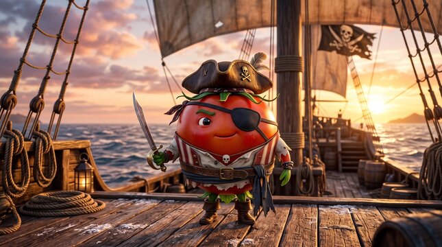 Anthropomorphic tomato pirate stands on a wooden ship deck at sunset