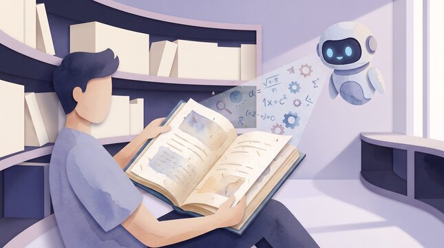 Watercolor Illustration Student Studying With Futuristic Artificial Intelligence Robot Assistant Education Concept