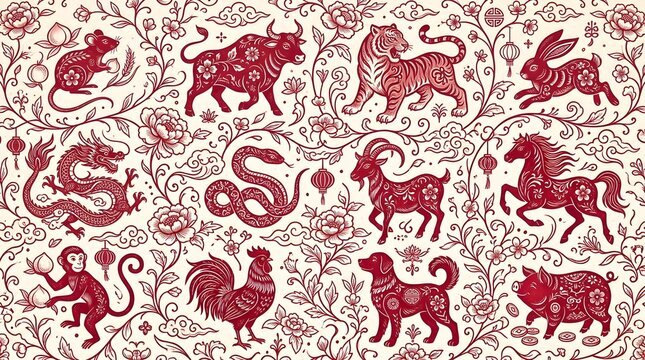 Chinese zodiac animals pattern featuring intricate red line art of twelve lunar signs decorated with traditional floral motifs and clouds