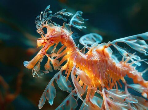 Close-up of a vibrant orange leafy sea dragon swimming in the ocean depths