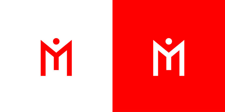 Modern geometric letter M, im monogram logo featuring a stylized human figure, presented in red and white color schemes for corporate branding and business identity design.