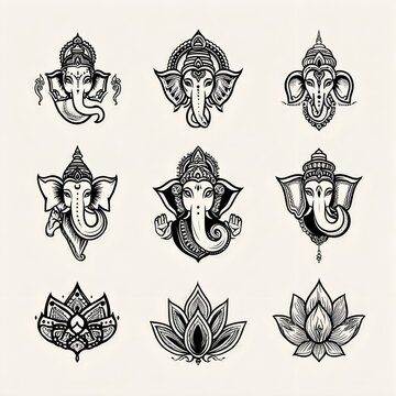 Set of ganesha illustrations and ornamental lotus flower designs with hand drawn