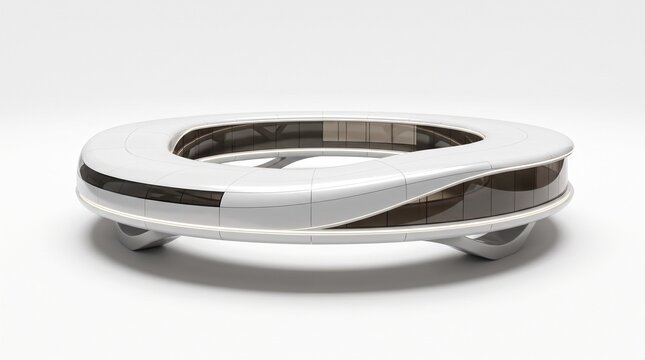 Sleek Futuristic Circular Building Architecture Concept with White Minimalist Exterior and Large Tinted Windows on White Backdrop