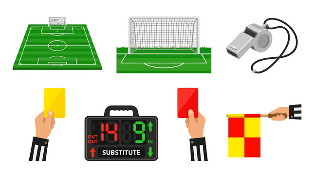 Set of soccer referee equipment and field elements including cards whistle and substitution board.