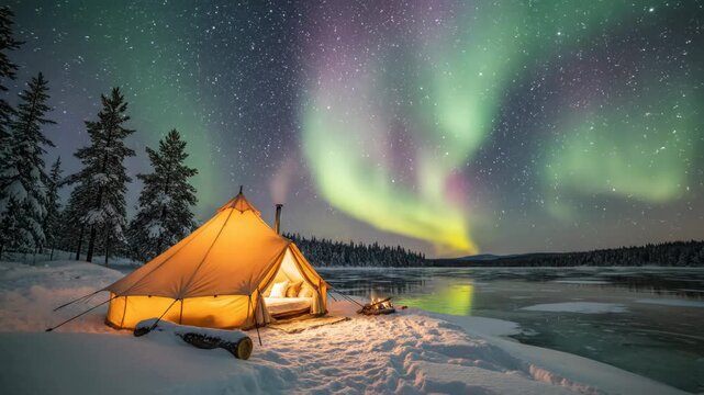 Luxury illuminated bell tent set on snowy bank of a frozen lake under vibrant green aurora borealis and starry night sky with campfire and winter forest in background distance.