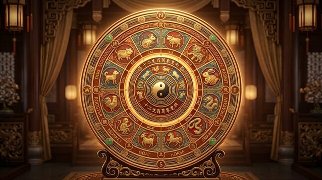 Golden chinese zodiac wheel displaying twelve animal signs with intricate carvings and ying yang symbol centered in warm soft lighting