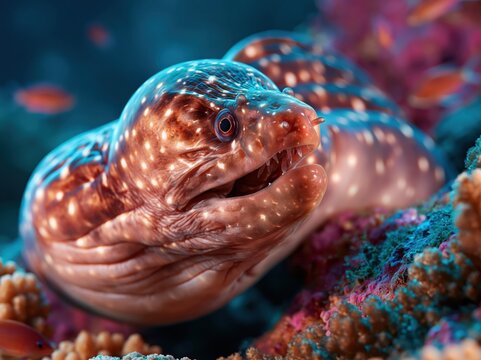 Close-up of a spotted moray eel with sharp teeth in a colorful coral reef
