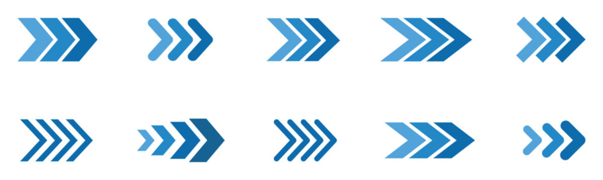 Modern blue chevron arrows collection for forward direction and progress indicator icons