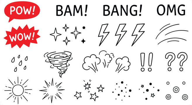 Comic book sound effects and action symbols vector illustration featuring speech bubbles and doodle elements for design