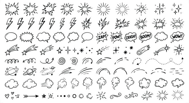 Doodle comic effect vector illustration featuring hand drawn elements and symbols for design projects