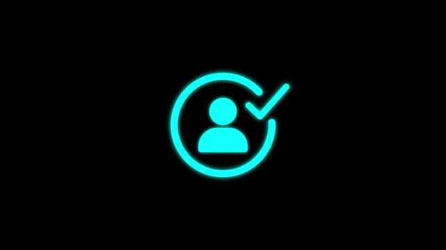 checked user profile account approved icon. Minimalist neon cyan verified user icon animation on black background.