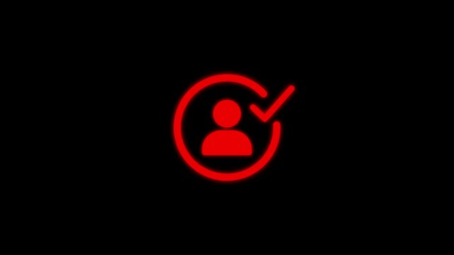 User Profile Icon with Verification Tick. Minimalist neon Red verified user icon animation on black background.